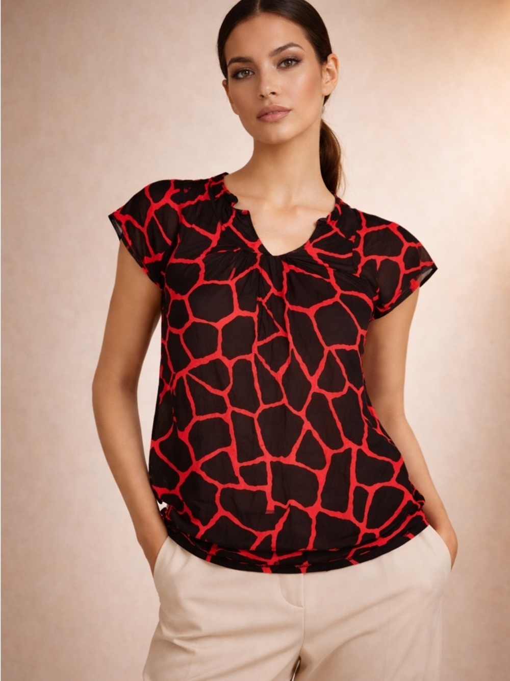 Michael Kors Black Blouse with Red Abstract Geo Print